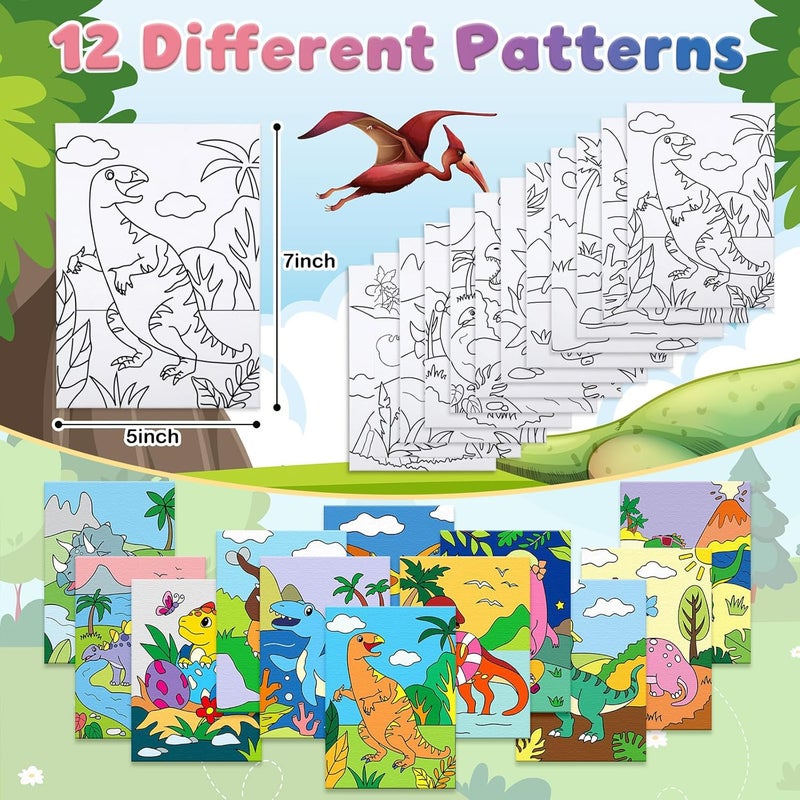 Anseal 12 Packs Animals Pre Drawn Canvas to Paint, 5" X 7" Dinasour Pre Printed Canvas, Pre Stretched Canvas Outline Painting Boards for Beginners, Party Favor - Image 3